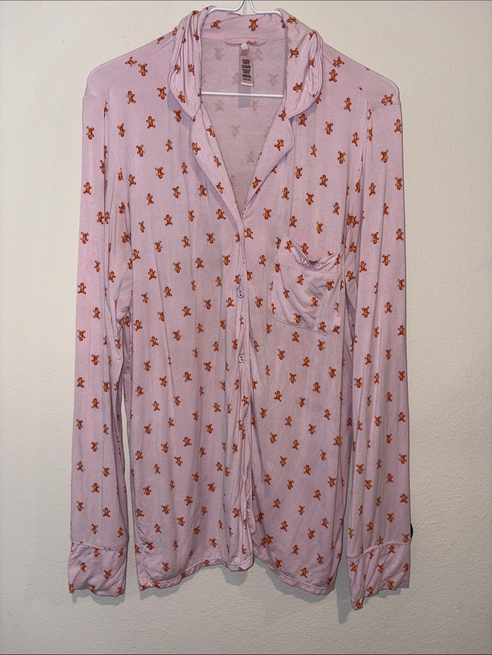 SKIMS Gingerbread Print Pink Long Sleeve Pajama Top Button Front